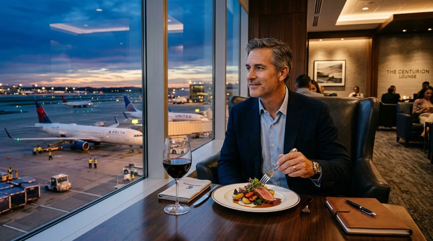 Executive enjoying gourmet meal in Centurion Lounge at dusk with Amex Platinum 2026