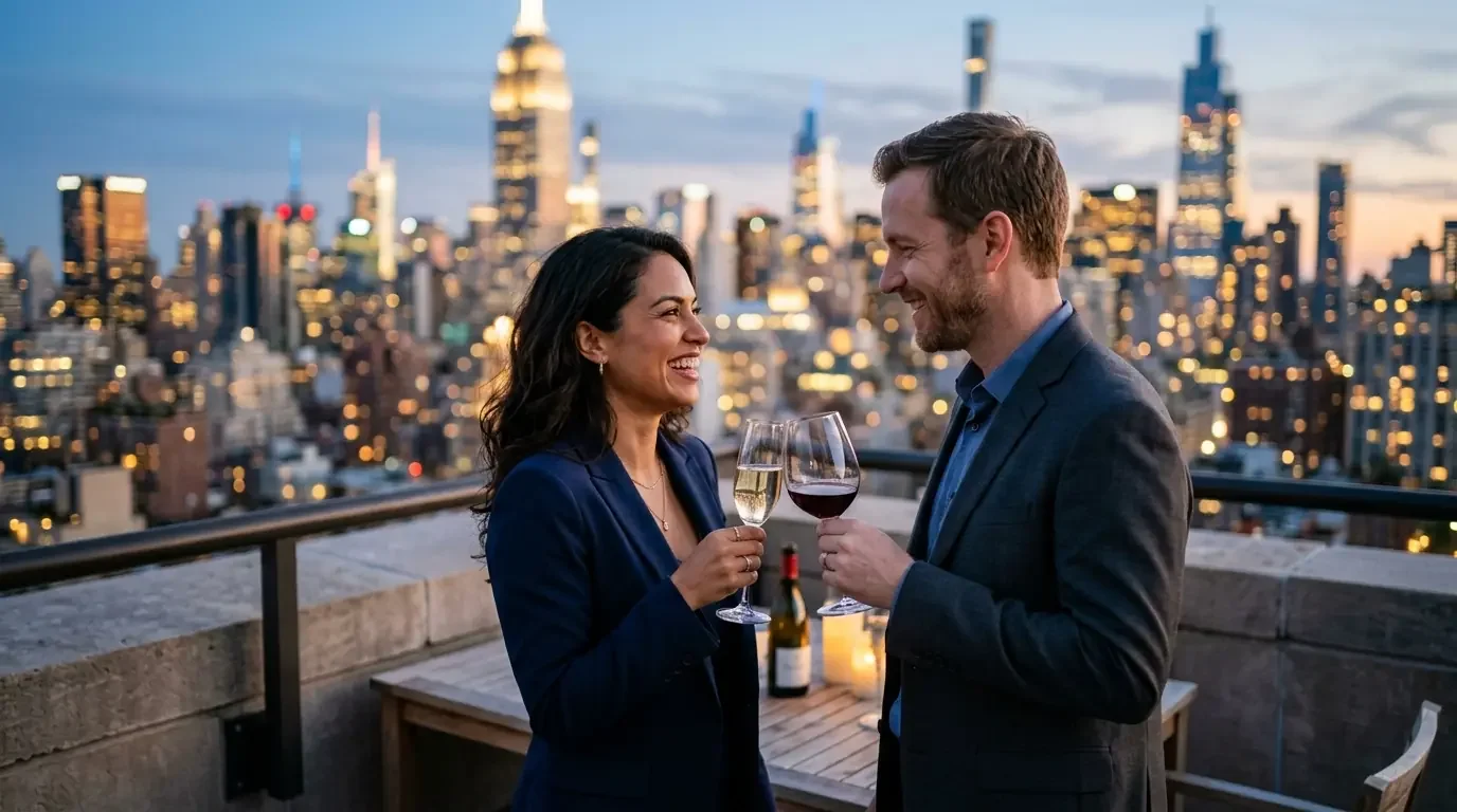Couple toasting on luxury hotel terrace after premium travel experience