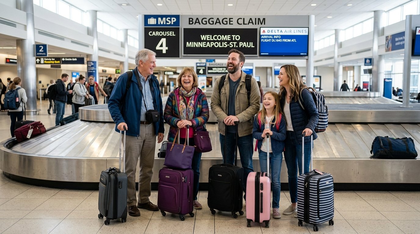 Family collecting luggage with Delta SkyMiles free checked bags for eight – 2026 benefits overview