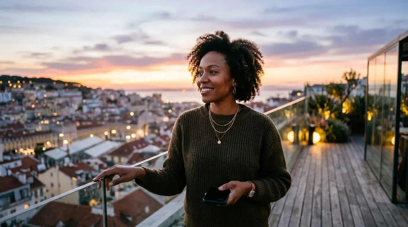 Traveler confidently enjoying travel rewards on hotel rooftop at sunset