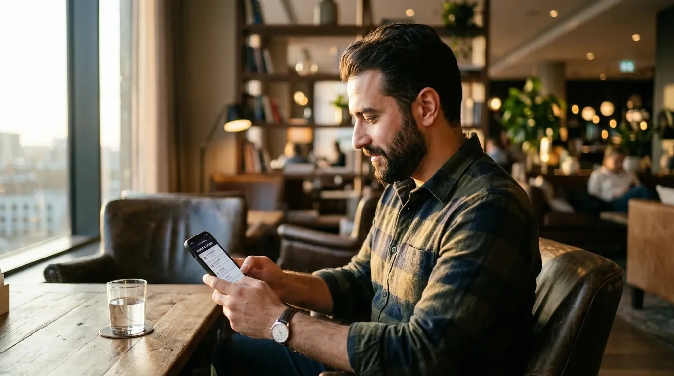 Traveler exploring Accor ALL and smaller hotel chain awards in lounge