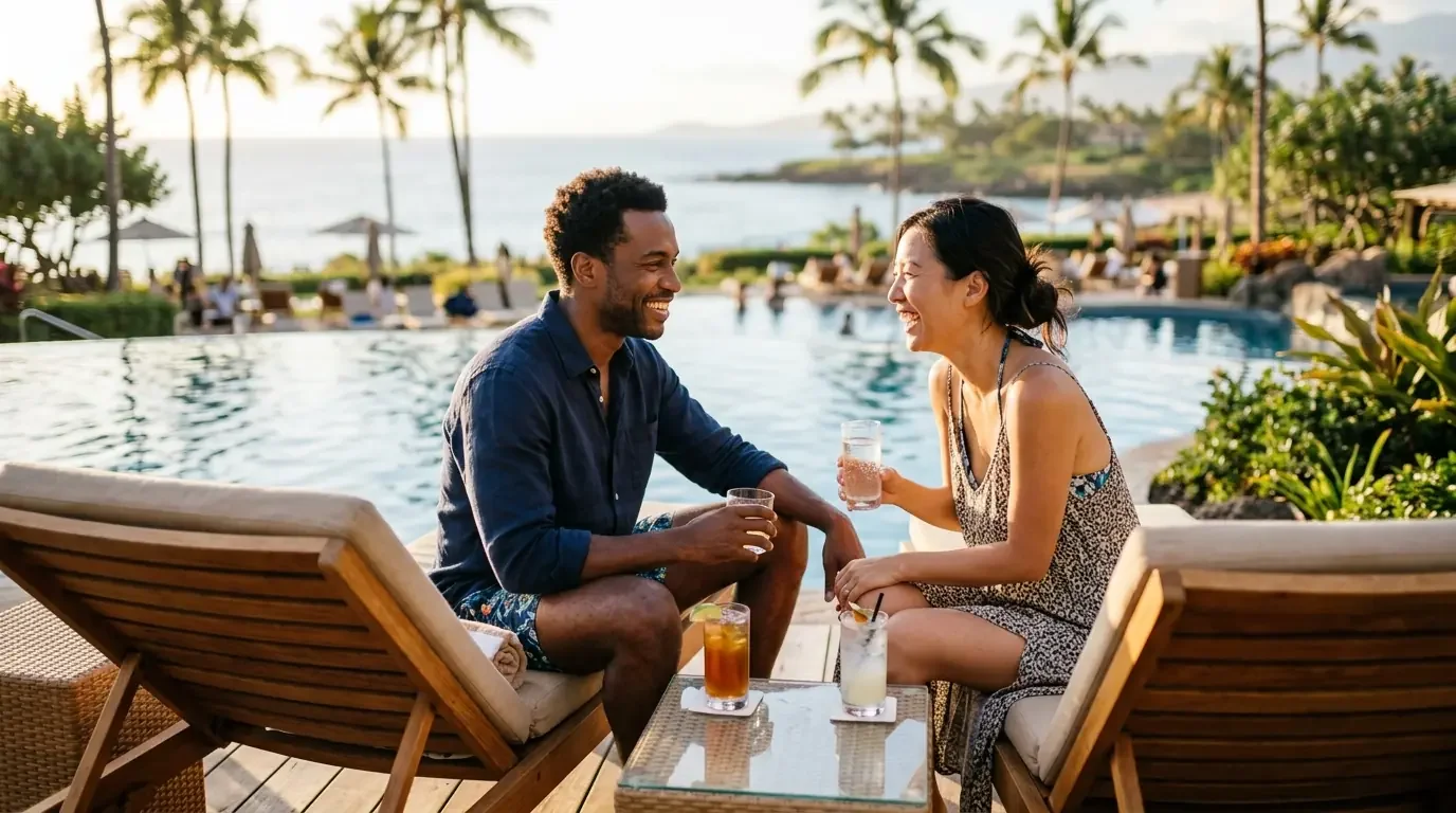 Couple relaxing at luxury resort using premium card statement credits