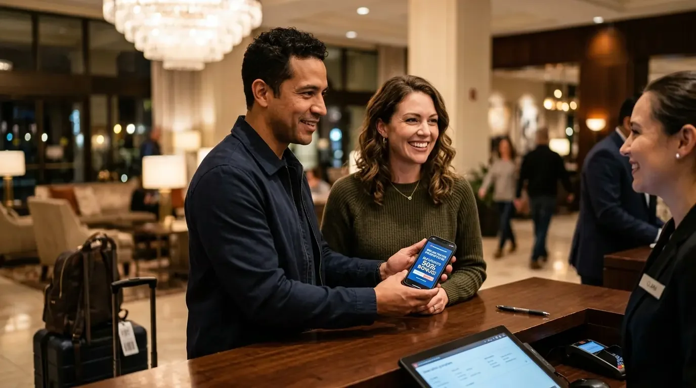 Couple reviewing multiple airline points purchase promotions at hotel