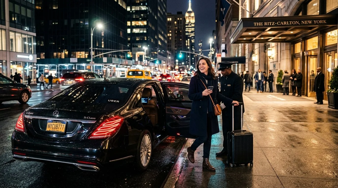 Traveler stepping out of Uber Black at luxury hotel using Amex Platinum Uber Cash 2026