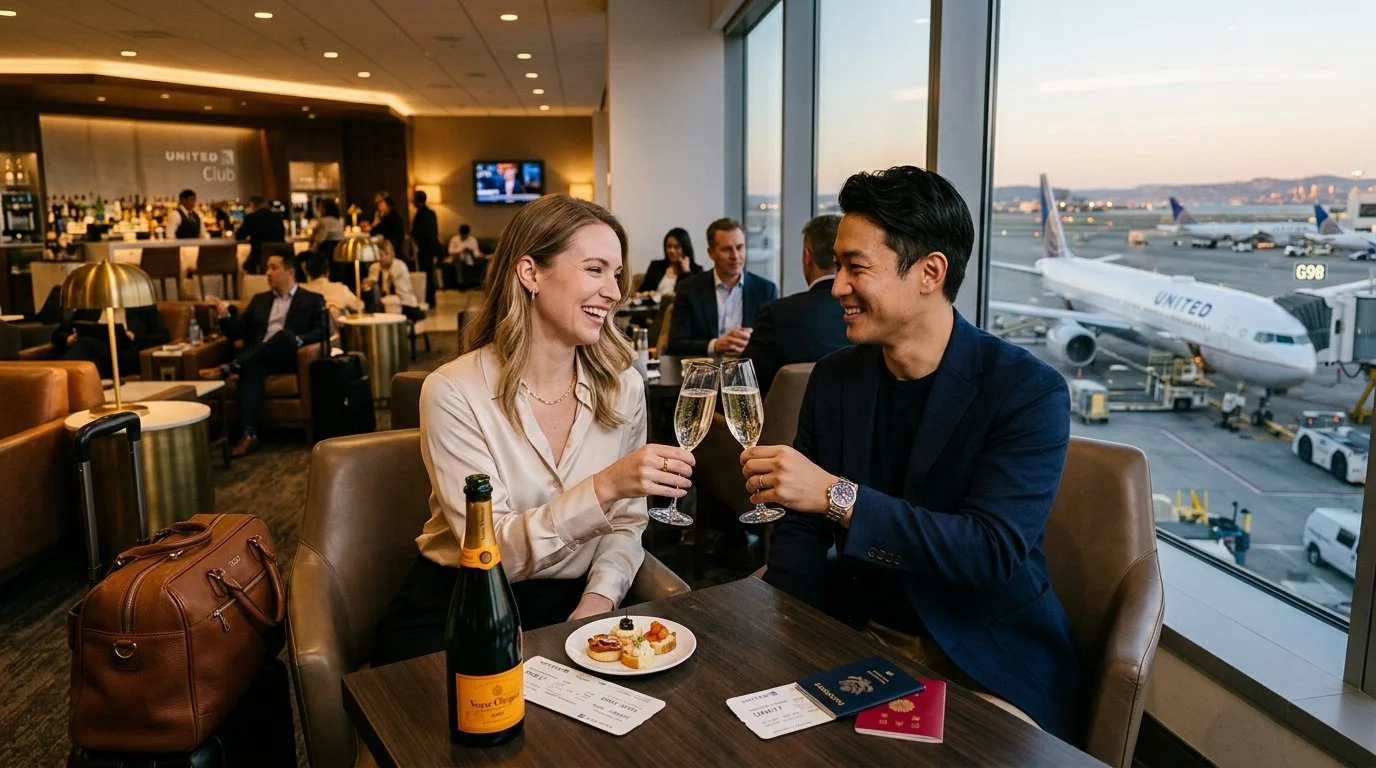 International couple enjoying United Club pros vs Delta Sky Club 2026