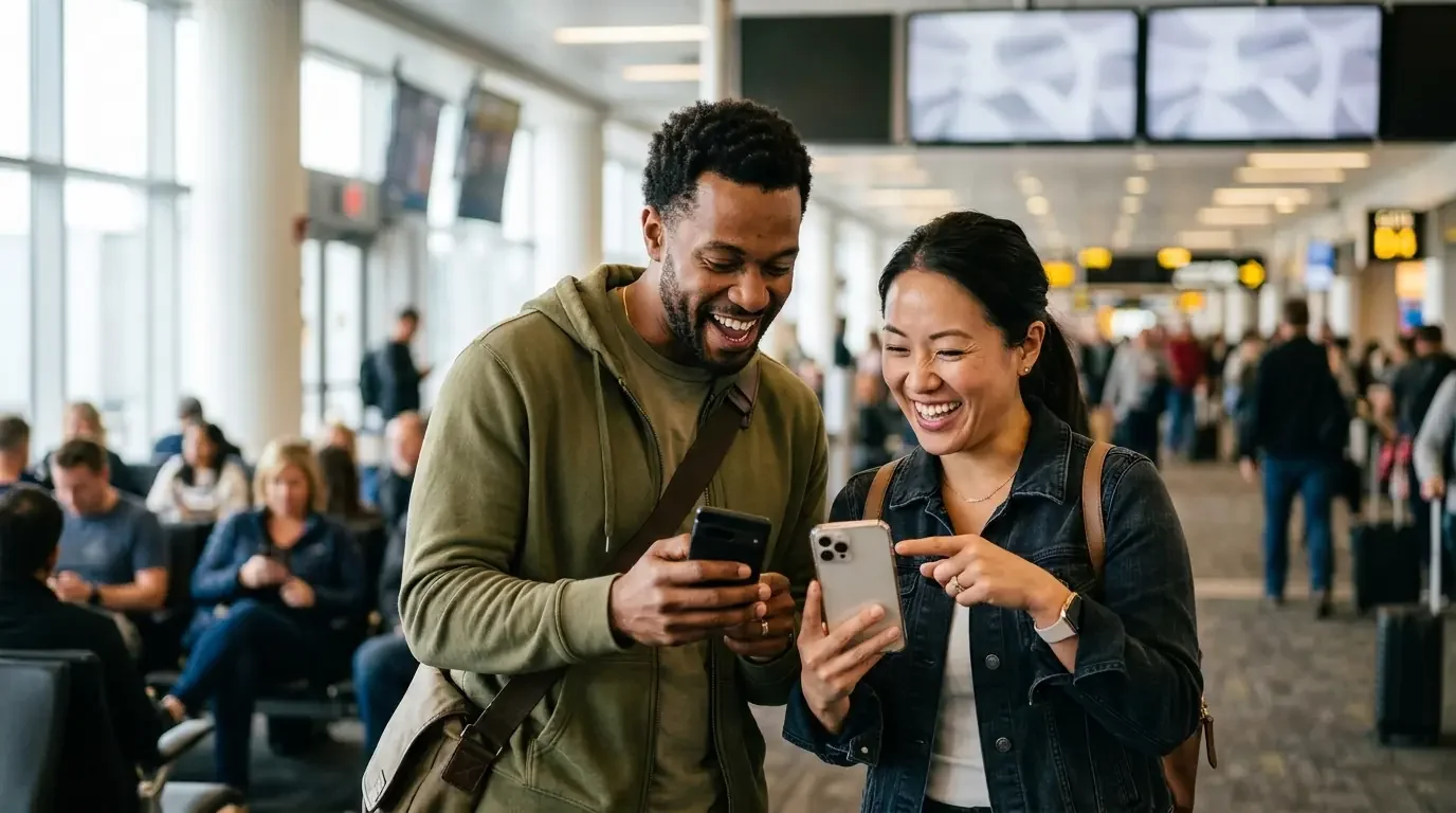 Couple at airport departure gate discovering best miles purchase deals