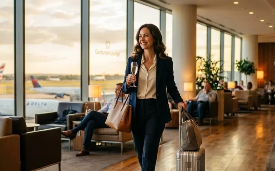 Amex Platinum cardholder relaxing in Centurion Lounge with champagne, 2026 luxury travel experience