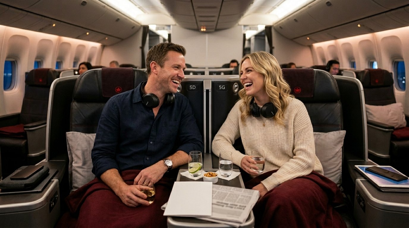 Family enjoying Air Canada Signature Class after Chase 20% transfer bonus to Aeroplan April 2026
