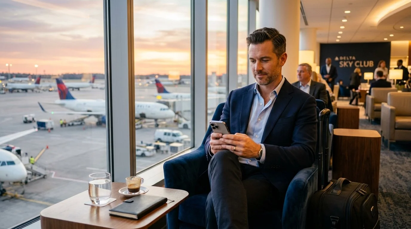 Solo traveler enjoying Delta Sky Club vs United Club access – United MileagePlus vs Delta SkyMiles 2026