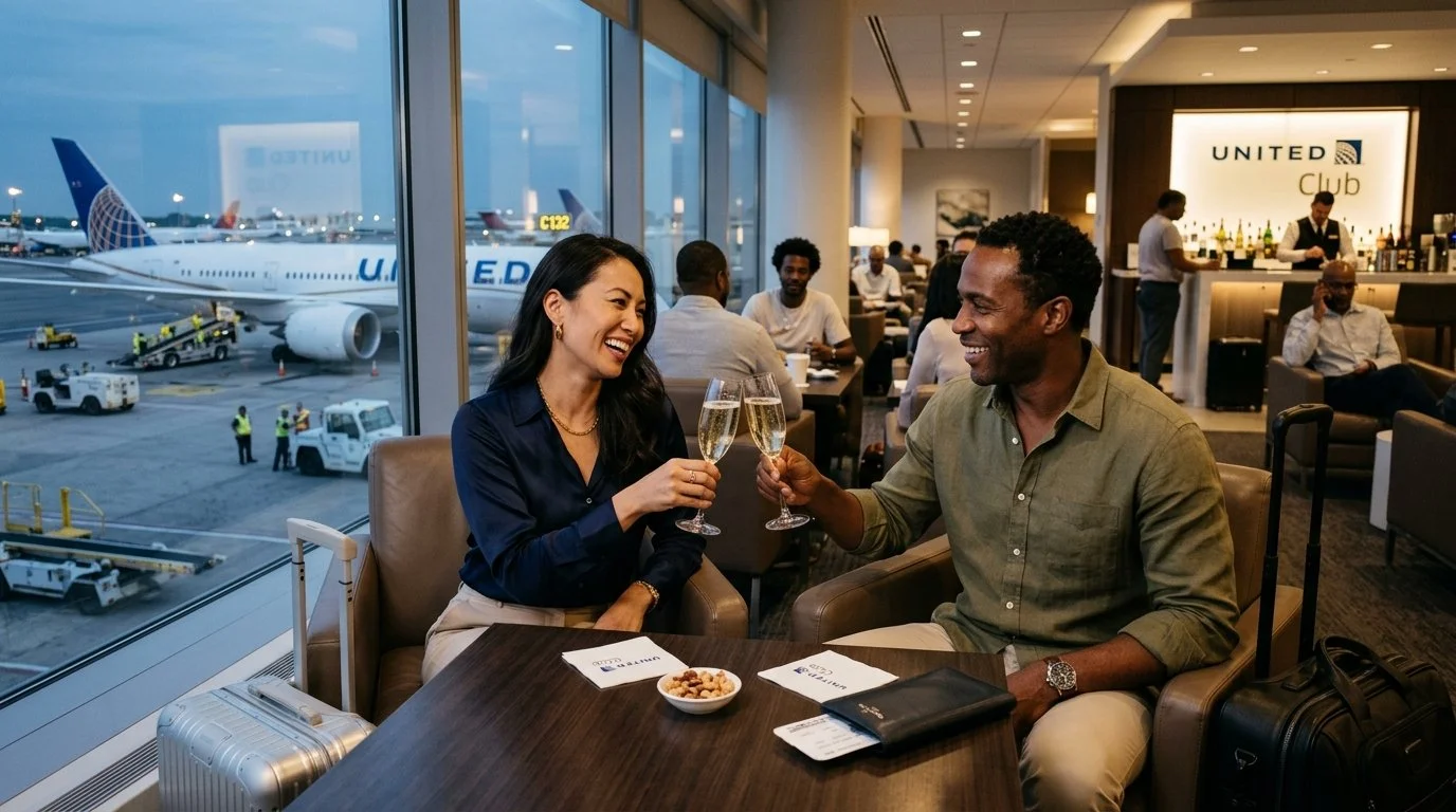International couple enjoying United Club lounge access – 2026 value table