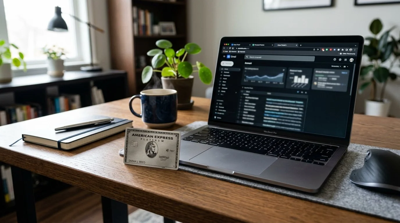 amex platinum on a desk next to a laptop