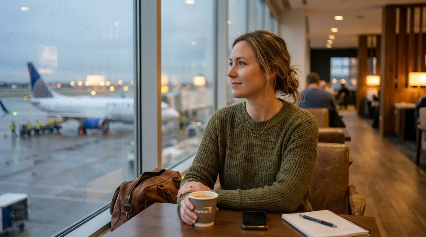 Traveler waiting during delay in Capital One Lounge under access rules