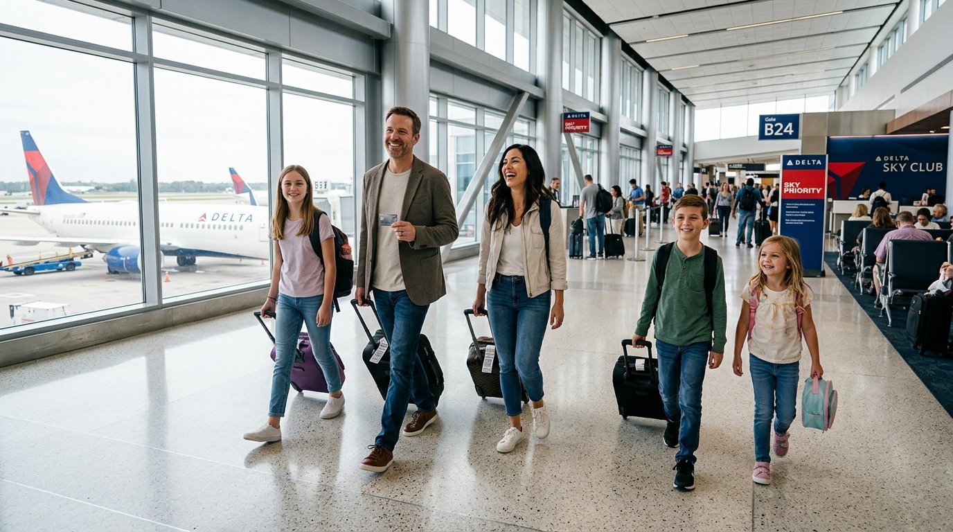 Family enjoying free checked bags for eight with Delta SkyMiles benefits 2026