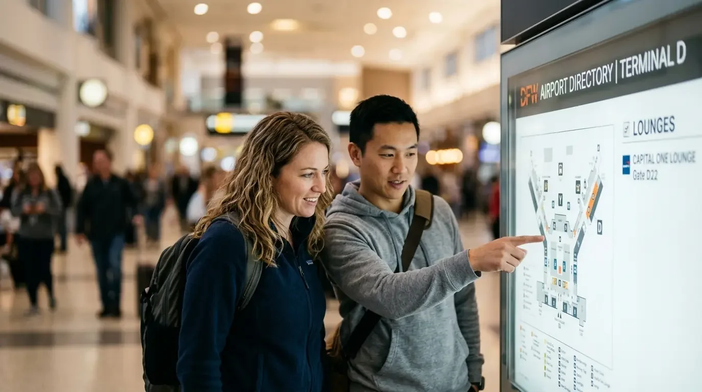 Couple checking airport directory for Capital One Lounge location