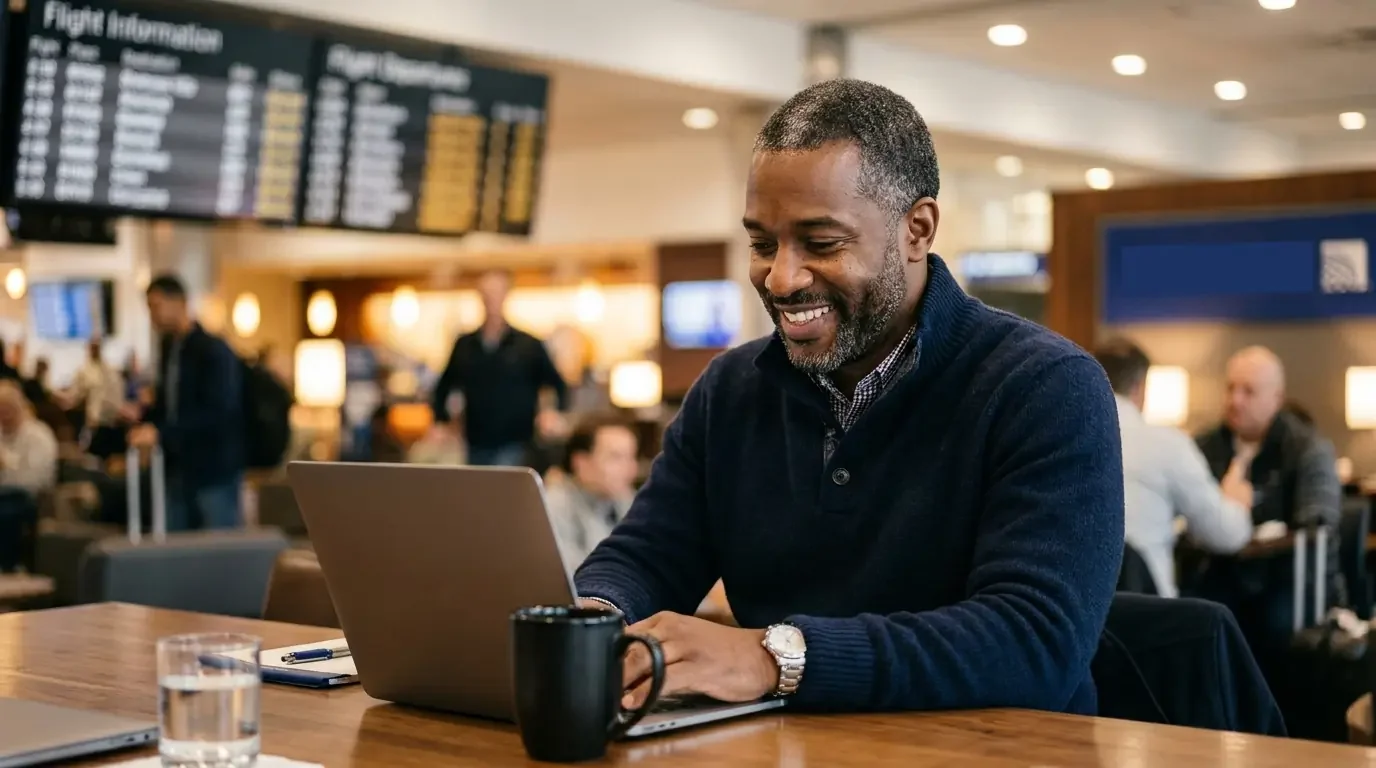 Traveler reviewing United MileagePlus buy miles offer in airport lounge