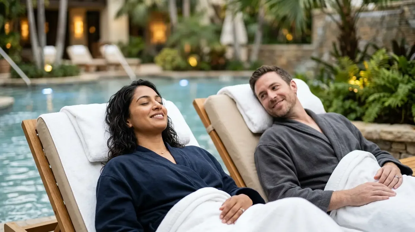 Couple relaxing at luxury hotel spa using Amex Platinum perks