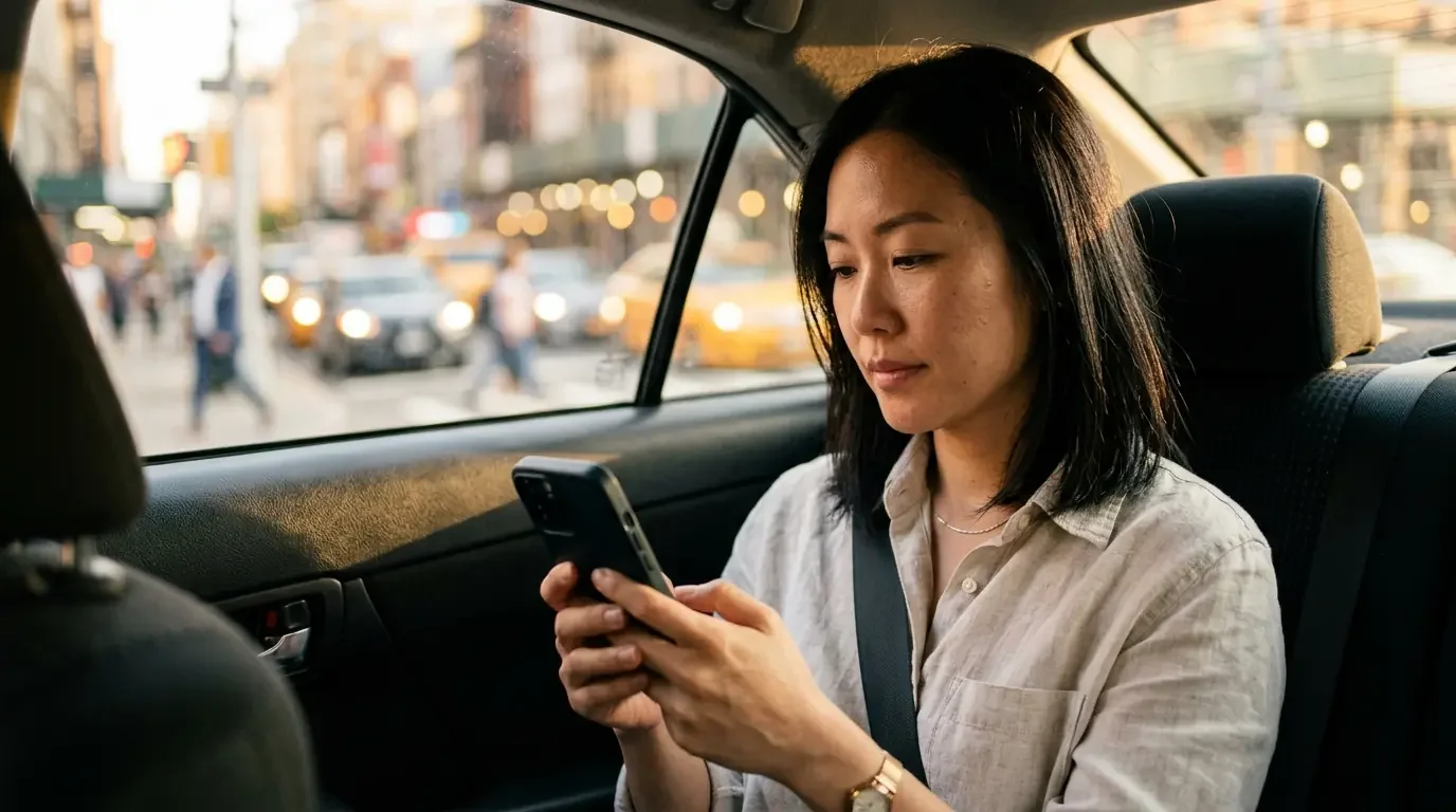 Traveler comparing Amex Platinum vs Chase Sapphire Reserve vs Capital One Venture X 2026 in Uber backseat at golden hour
