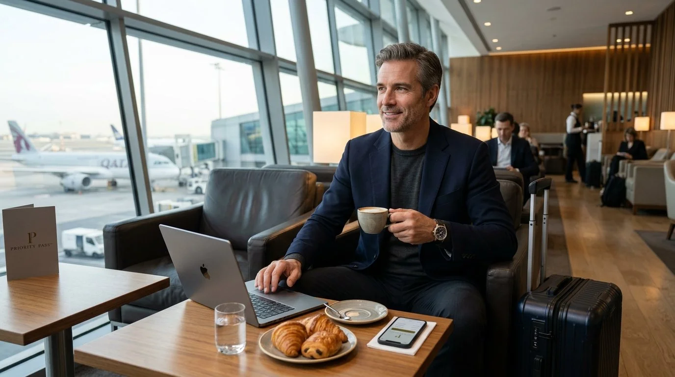 Business traveler working comfortably in Priority Pass lounge with Amex Platinum 2026