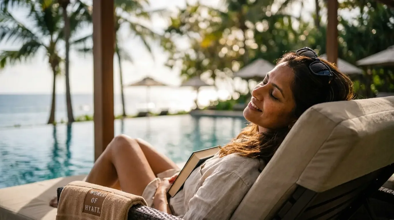 Traveler relaxing poolside at luxury Hyatt resort redeemed with Bilt points