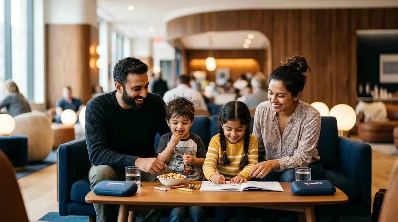 Family relaxing together in Capital One Lounge under child policies