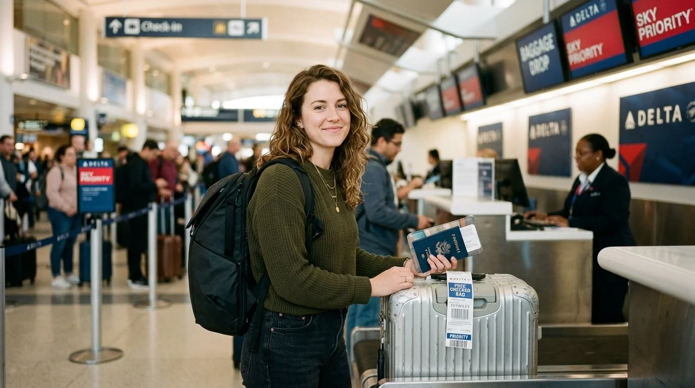 Delta SkyMiles Gold American Express Card 2026 free first checked bag benefit for cardholder + 8 companions