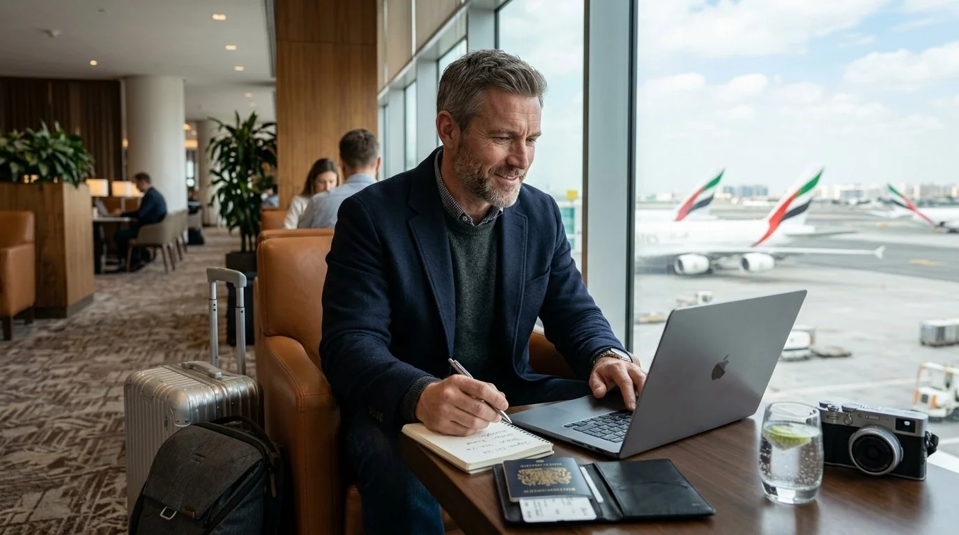 Thoughtful traveler deciding on next trip while relaxing in airport lounge with Amex Platinum 2026