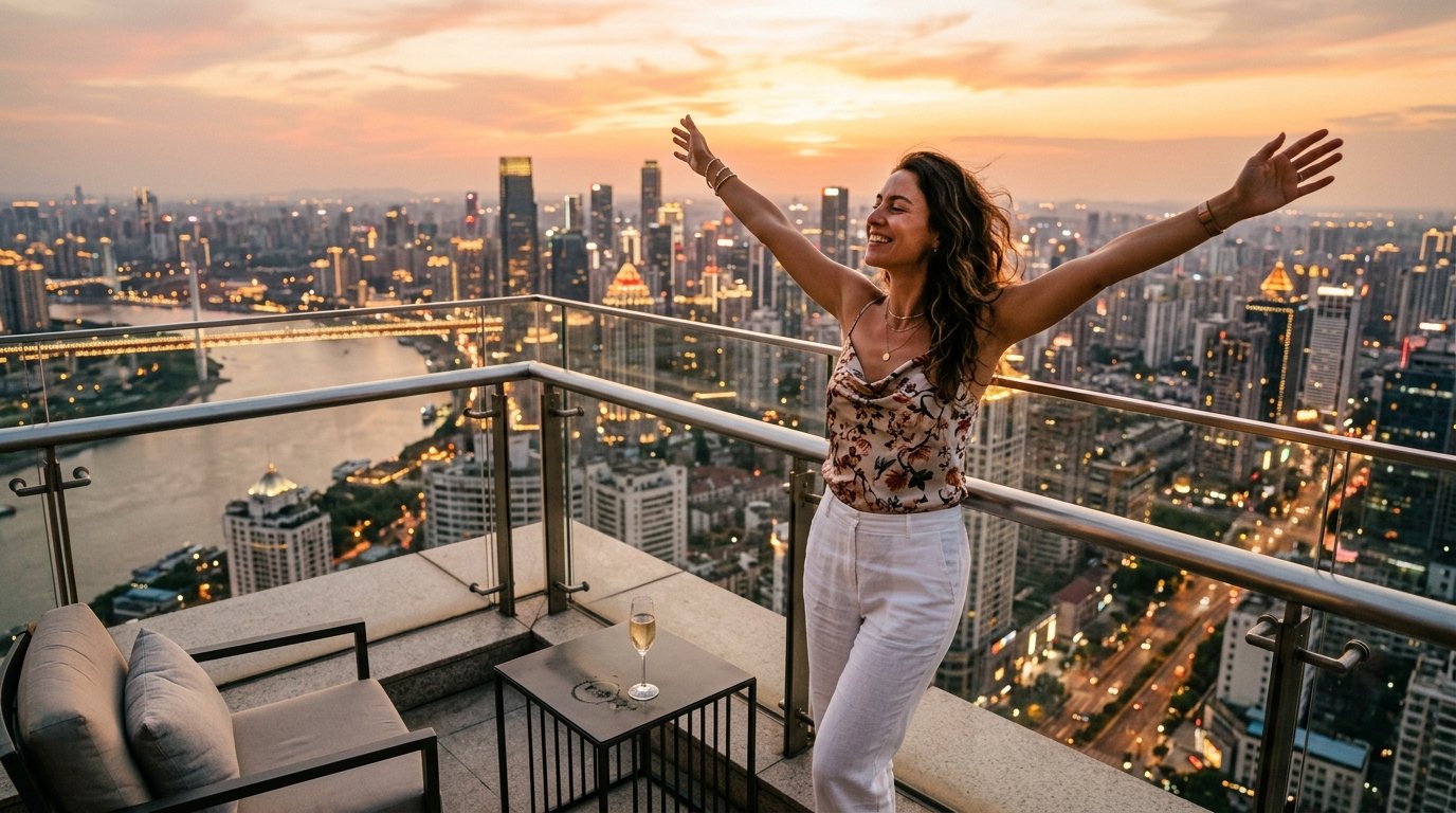 Traveler celebrating successful April 2026 points transfer and luxury redemption on hotel balcony