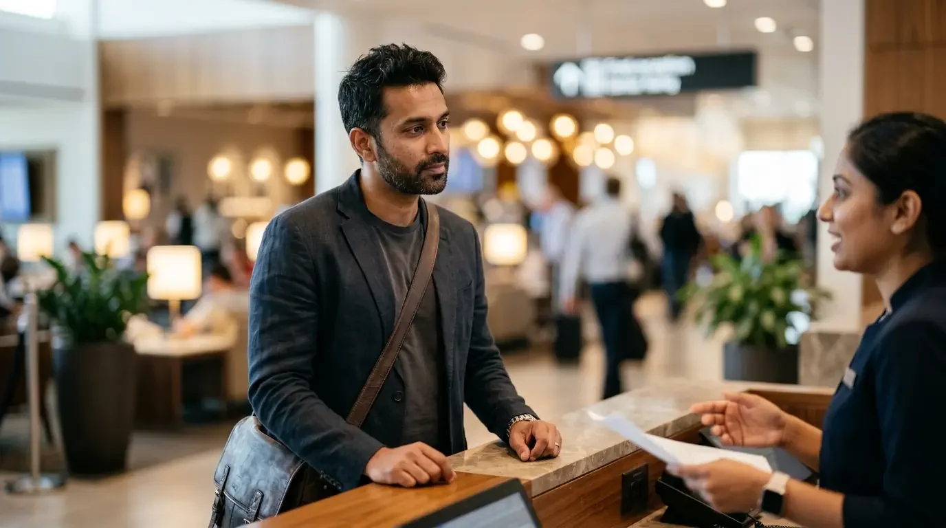 Traveler discussing updated lounge access policies at Capital One Lounge