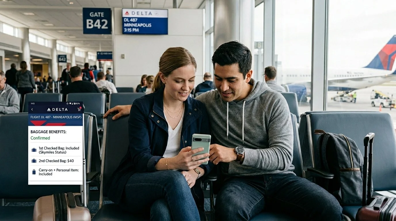 Delta credit card free checked bags 2026 quick specs – Gold Platinum Reserve first bag free for up to 9 people