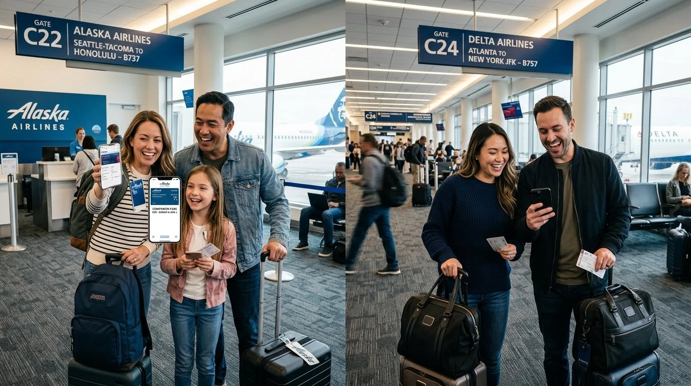 Side-by-side Alaska Companion Fare vs Delta Companion Certificate travelers 2026