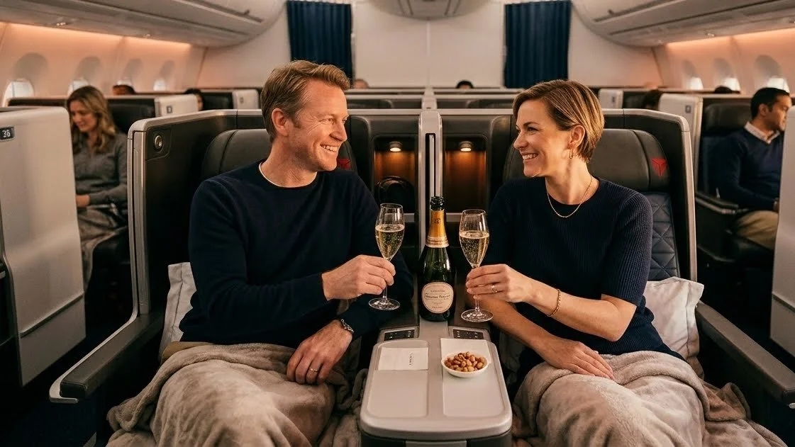 Traveler couple enjoying Delta One Suites after record $31.783 billion SkyMiles valuation April 2026