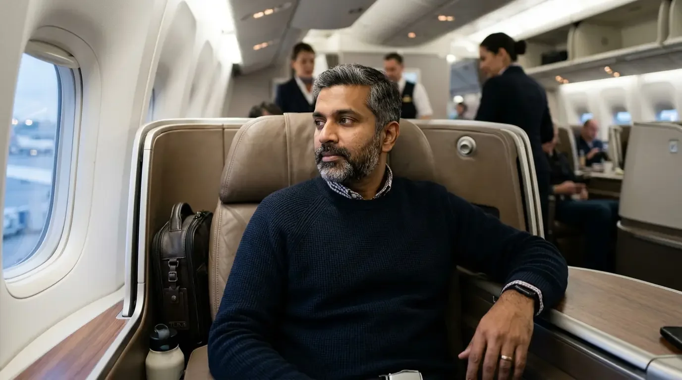 Traveler in first-class seat considering premium credit card annual fee