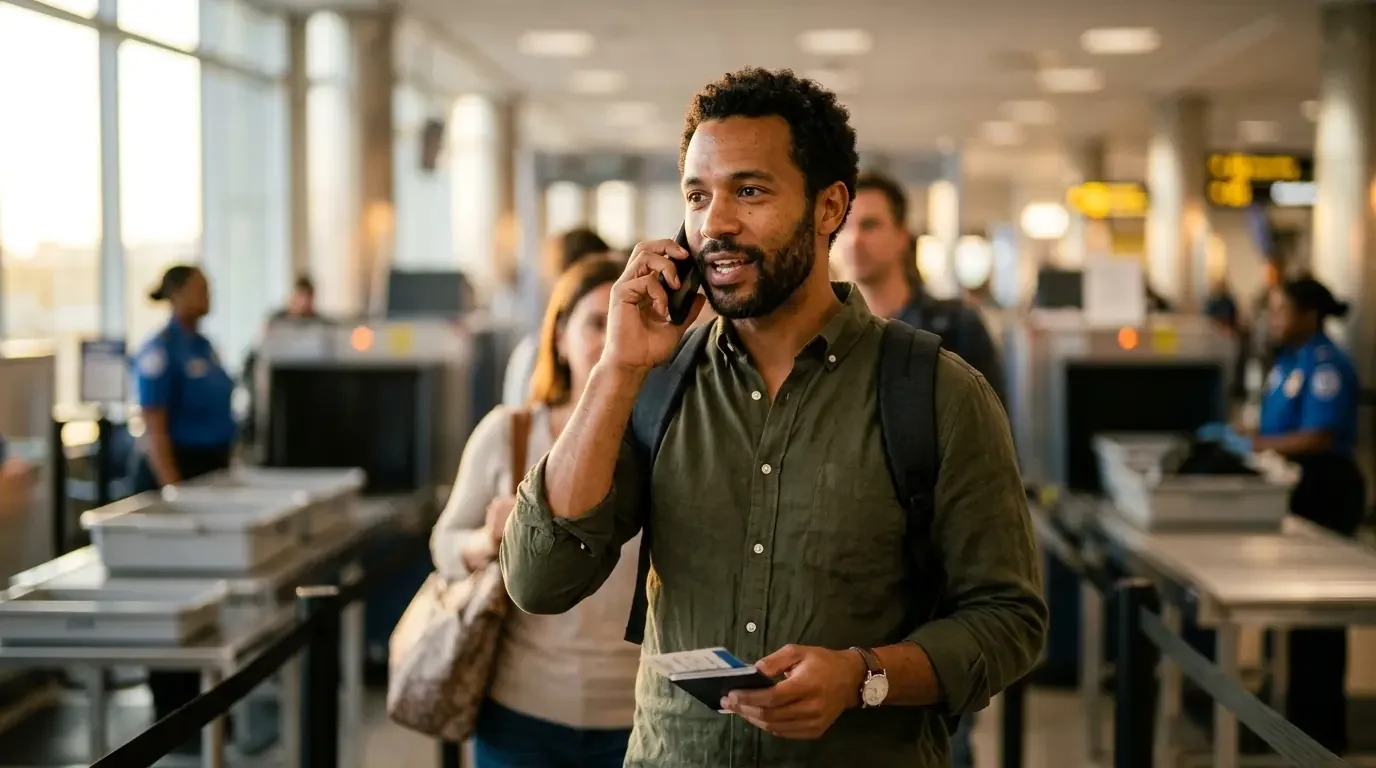 Traveler answering FAQ about Amex Platinum vs Chase Sapphire Reserve vs Capital One Venture X 2026 at airport security