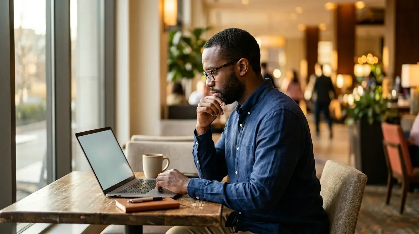 Traveler reacting to Hilton Honors stealth award rate increase on phone at hotel window