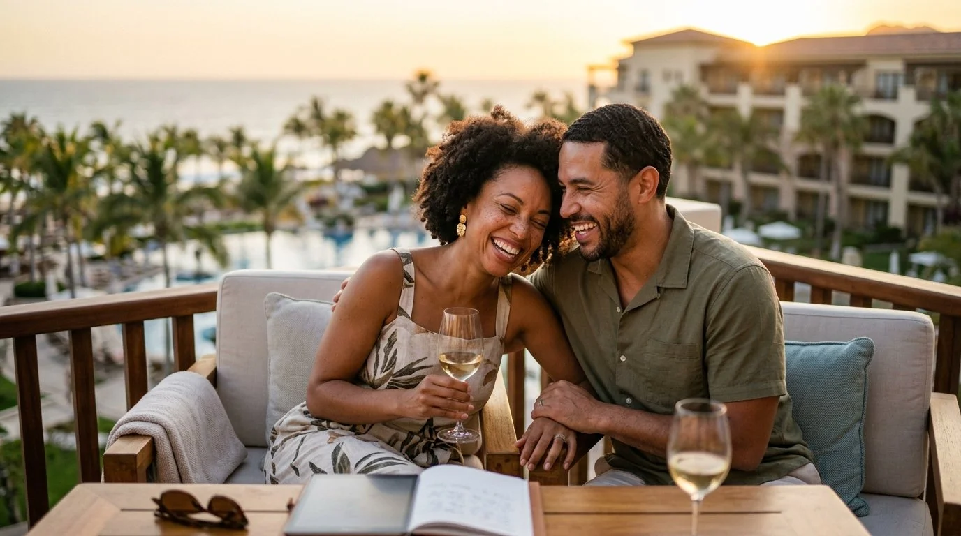 Couple matching perfect Marriott Bonvoy strategy in winner matrix for luxury resort travelers evening authentic experience 2026