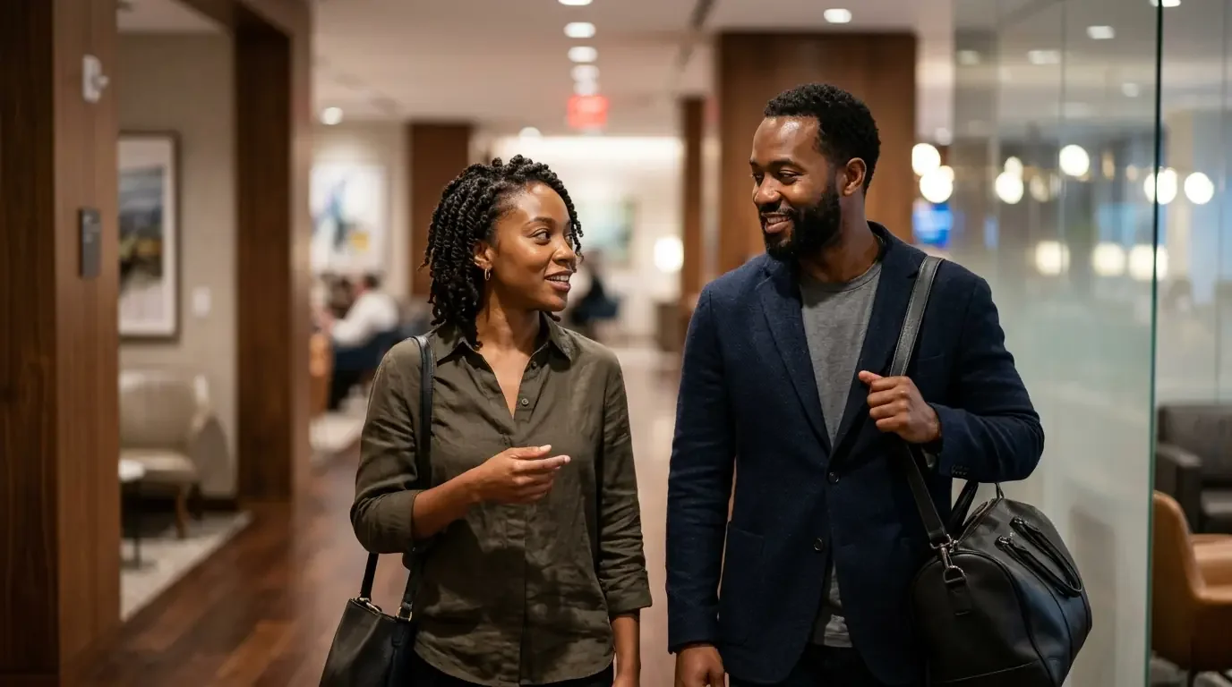 Couple navigating Capital One Lounge with authorized user benefits