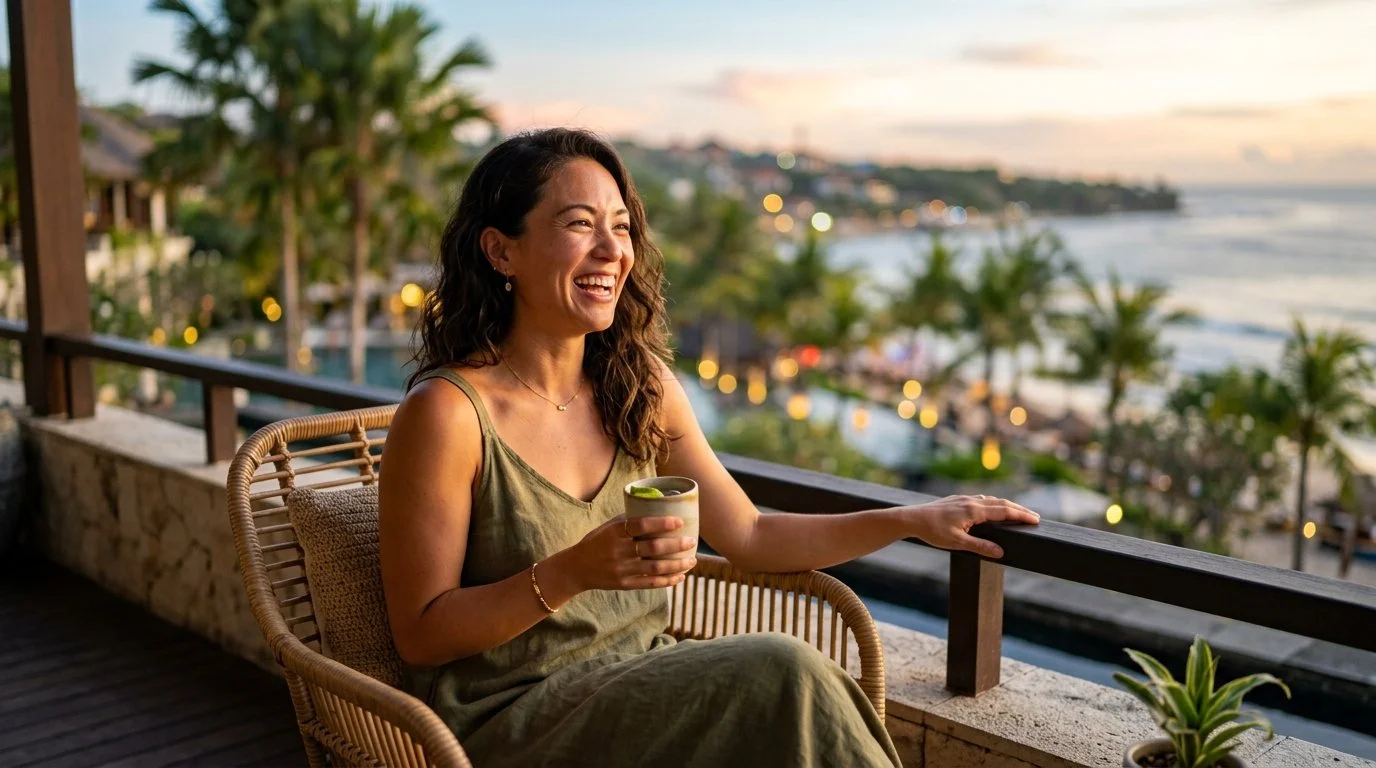 Traveler celebrating 5th night free Marriott Bonvoy award stay savings on luxury resort balcony evening authentic experience 2026