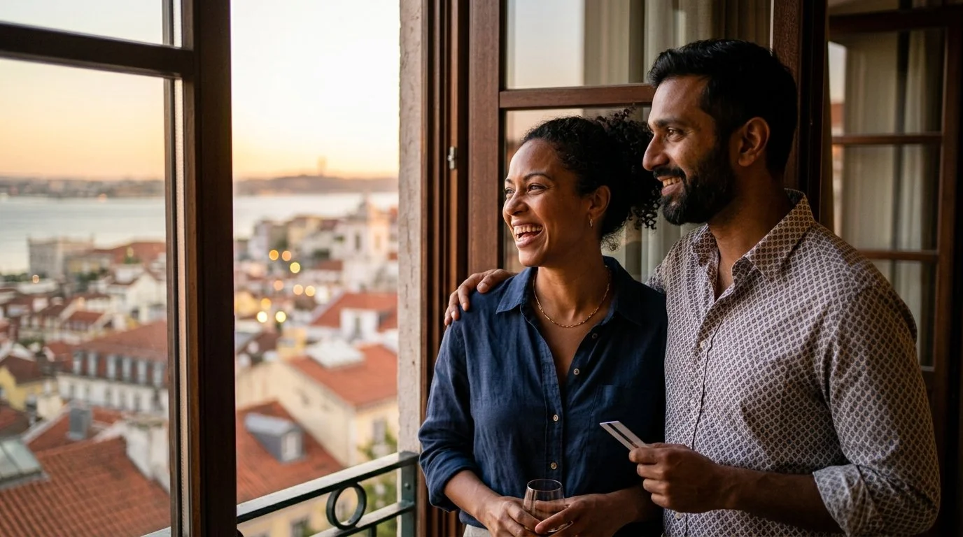 Couple reaping Marriott Bonvoy credit card ROI and automatic Platinum benefits during evening luxury stay 2026