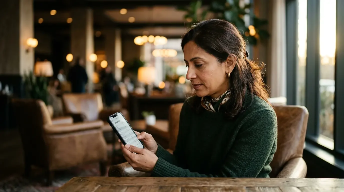 Traveler reviewing credit card rewards and benefits in hotel lobby