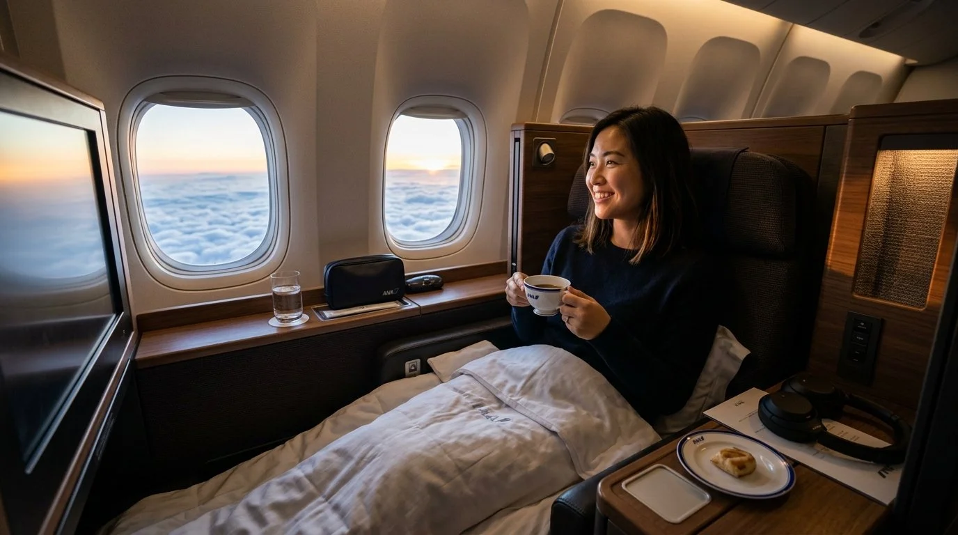 Traveler in ANA First Class using Citi ThankYou 30% transfer bonus to Virgin Atlantic April 2026