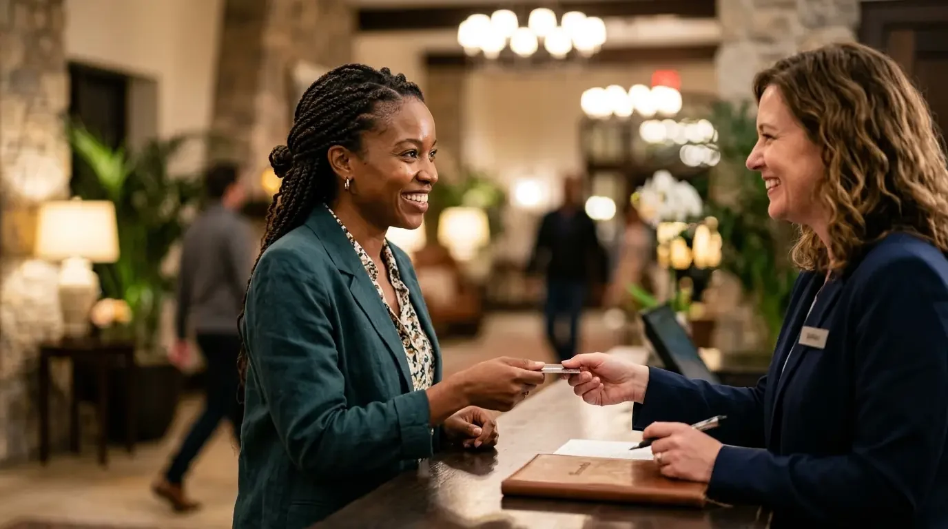 Traveler checking into boutique hotel after earning premium card welcome bonus