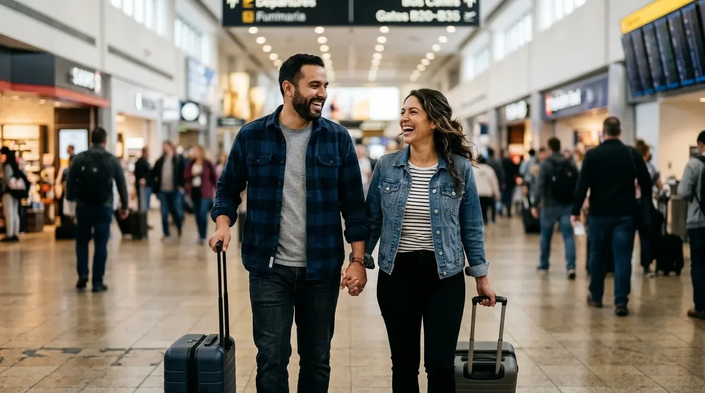 Couple walking through airport terminal with travel rewards freedom