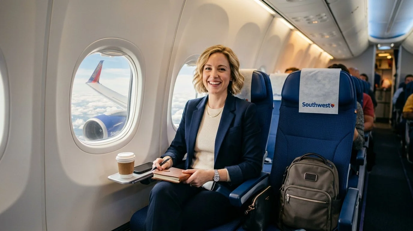 Southwest Companion Pass 2026 with credit cards – solo traveler on Southwest flight enjoying free companion ticket