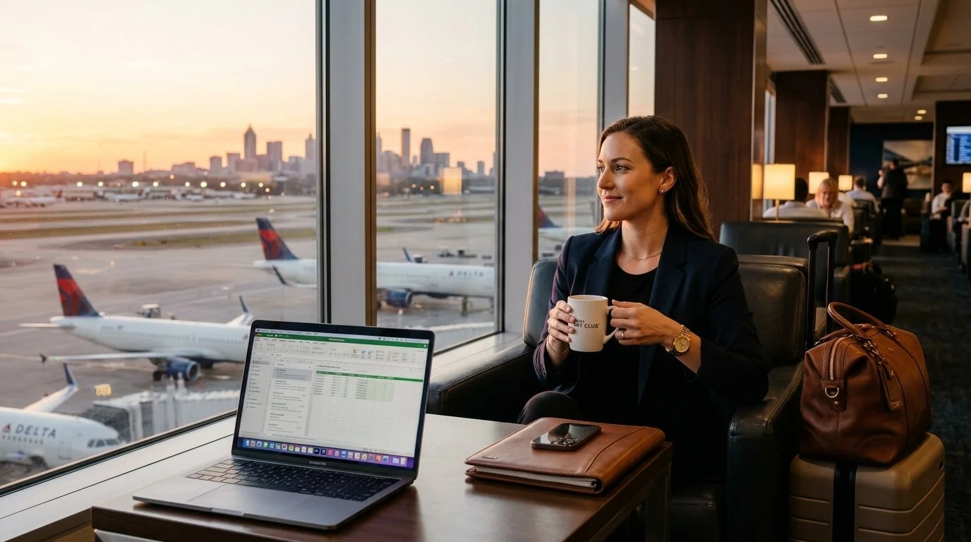 Business traveler using Delta Sky Club access – Delta SkyMiles worth it math 2026