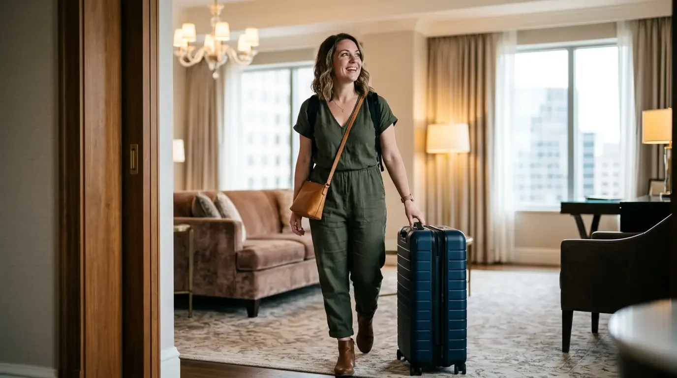 Traveler arriving at luxury hotel suite using premium card Hotel Collection benefit