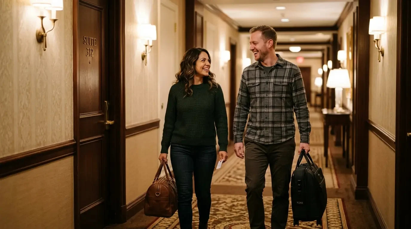Couple arriving at luxury hotel suite using points redemption