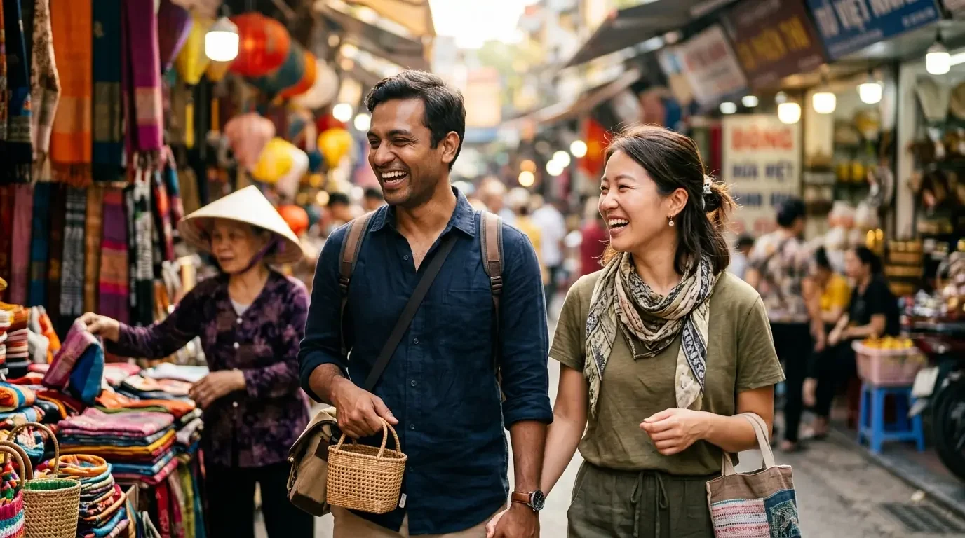 Couple exploring international market with premium card benefits