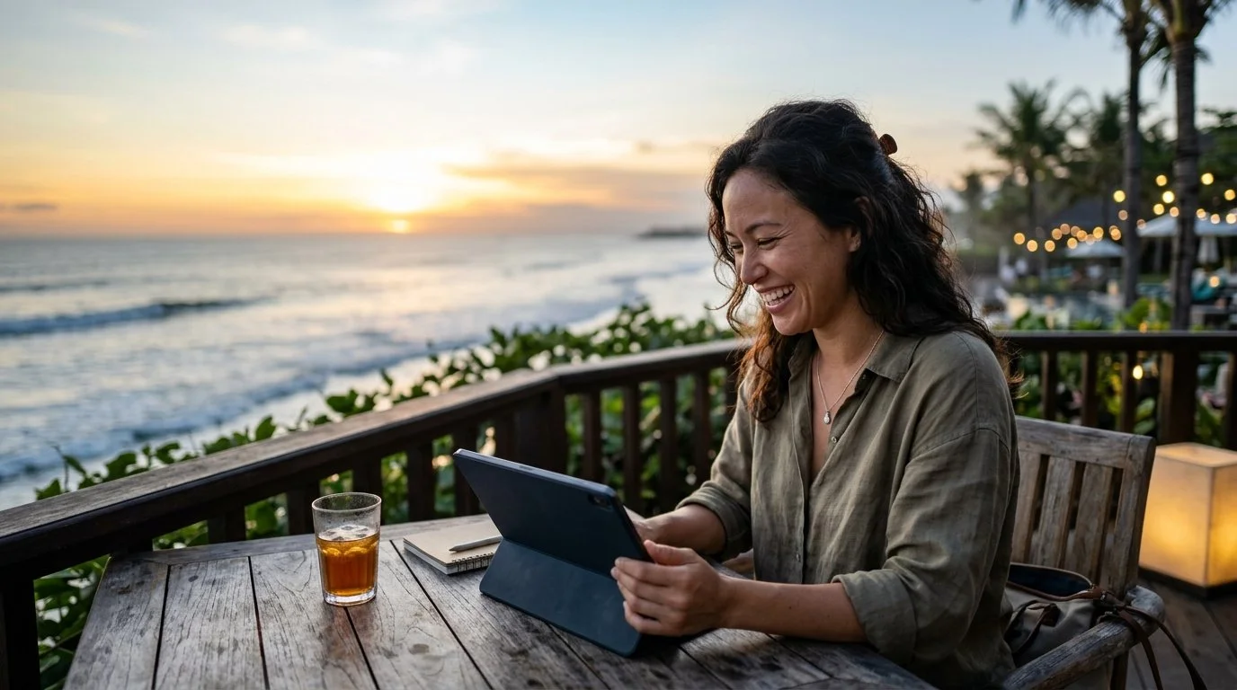 Traveler calculating personal Marriott Bonvoy 2026 ROI and net value during serene evening resort balcony moment