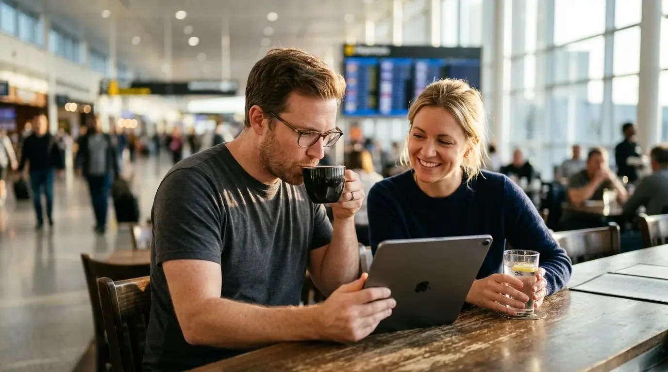 Traveler studying Amex Platinum vs Chase Sapphire Reserve vs Capital One Venture X 2026 earning rates at airport bar