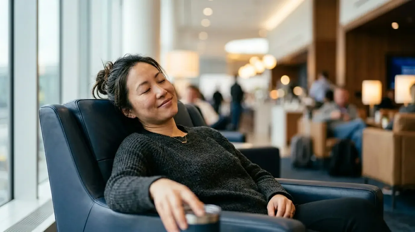 Traveler relaxing in Capital One Lounge with primary card benefits